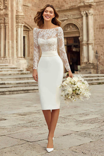Elegant Sheath Ivory Midi Engagement Dress With Lace Long Sleeves